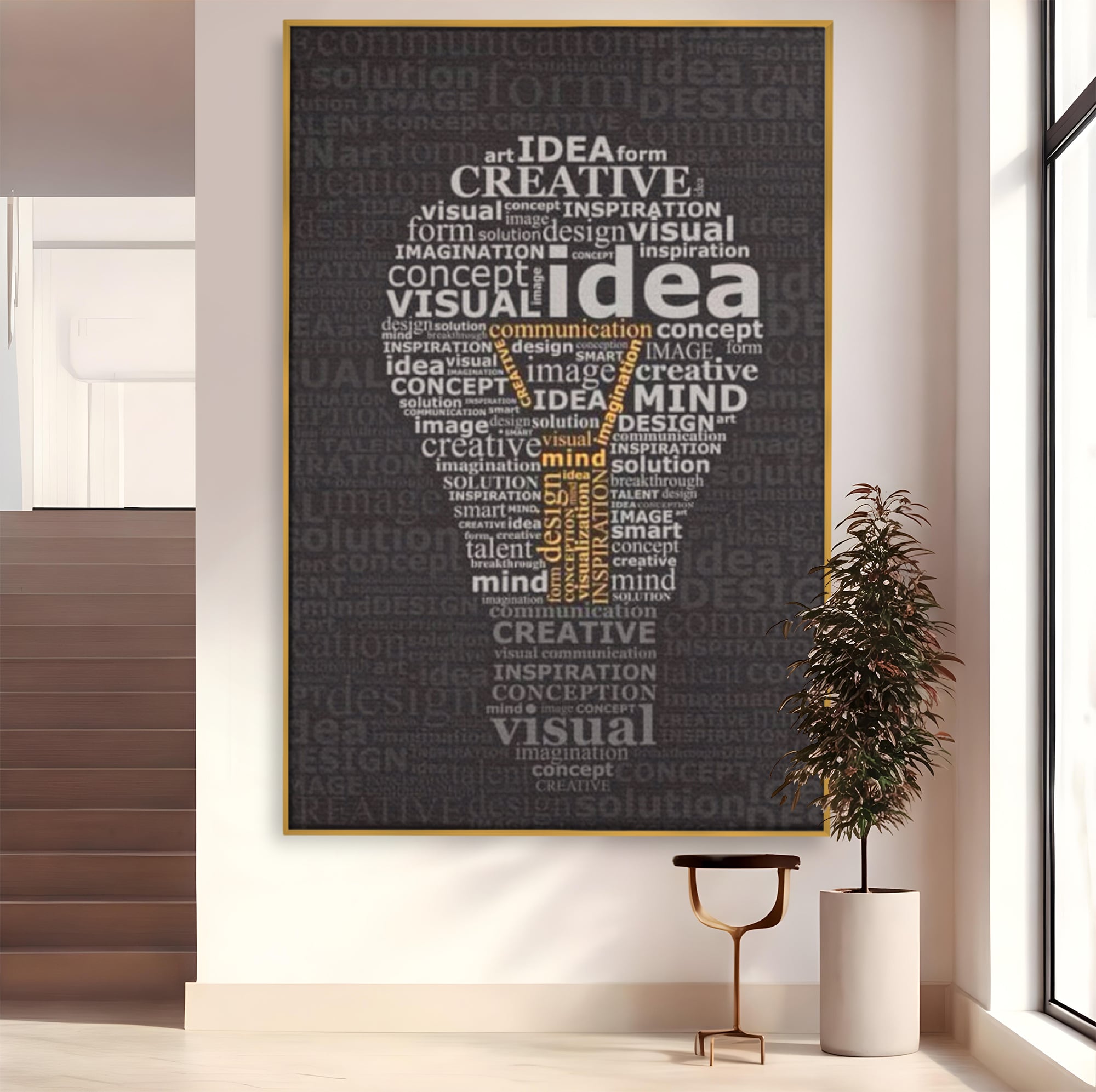 Tablou canvas cu tablou canvas cu silueta de bec formata din cuvinte, in rama de aluminiu auriu